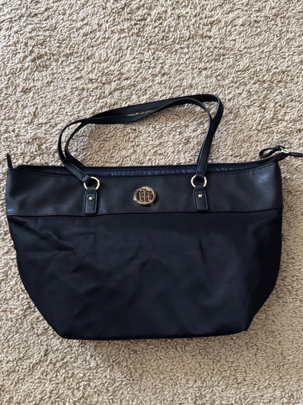 Tommy Hilfiger Navy-Black Nylon Tote with Logo Medallion